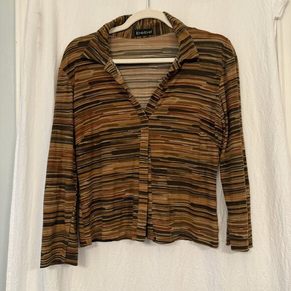 Vintage 90s Y2K Bebe Shirt Size Small Brown Stripes Collar Open Front Long Sleev - Picture 1 of 10